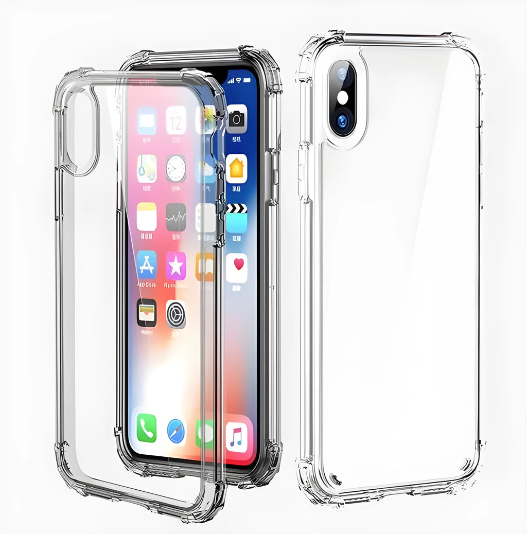 Transparent shockproof TPU iPhone case showing clear back cover design.