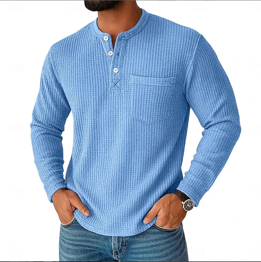 Men's long sleeve Henley shirt casual jacket with collar button in light gray, lightweight chemical fibre blend