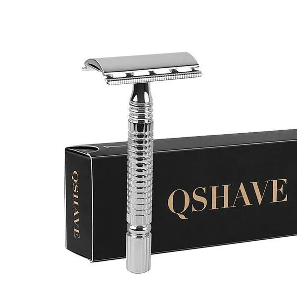 Chrome finished double edged safety razor with weighted handle and storage box