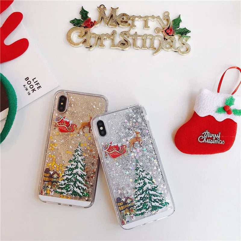 Christmas quicksand design phone case with Santa Claus pattern for iPhone and Samsung devices