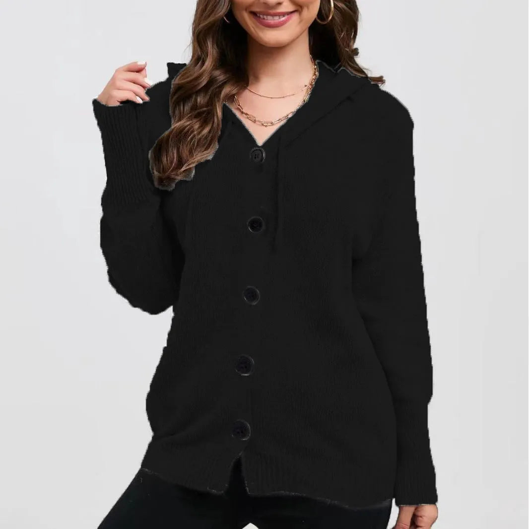 Women's solid colour cotton hooded cardigan sweater in loose fit style