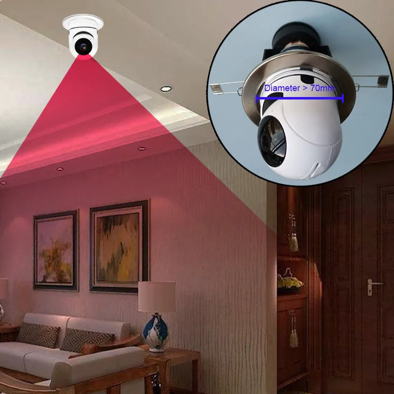 White ABS wireless WiFi bulb camera with 1080P resolution and shaking head mechanism for indoor home security monitoring.