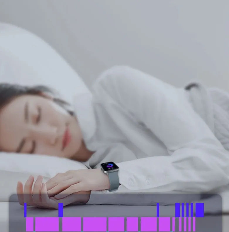 Smart watch with blue strap and 1.7-inch colour touch screen displaying time and heart rate