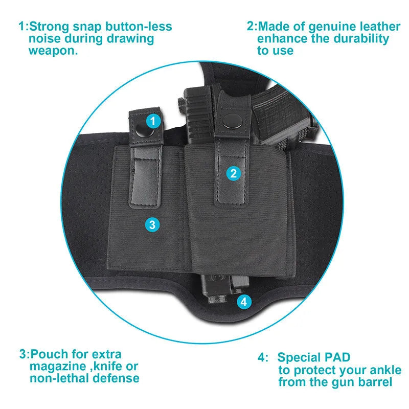 Black neoprene invisible ankle holster for universal pistol, side view showing secure fit against leg