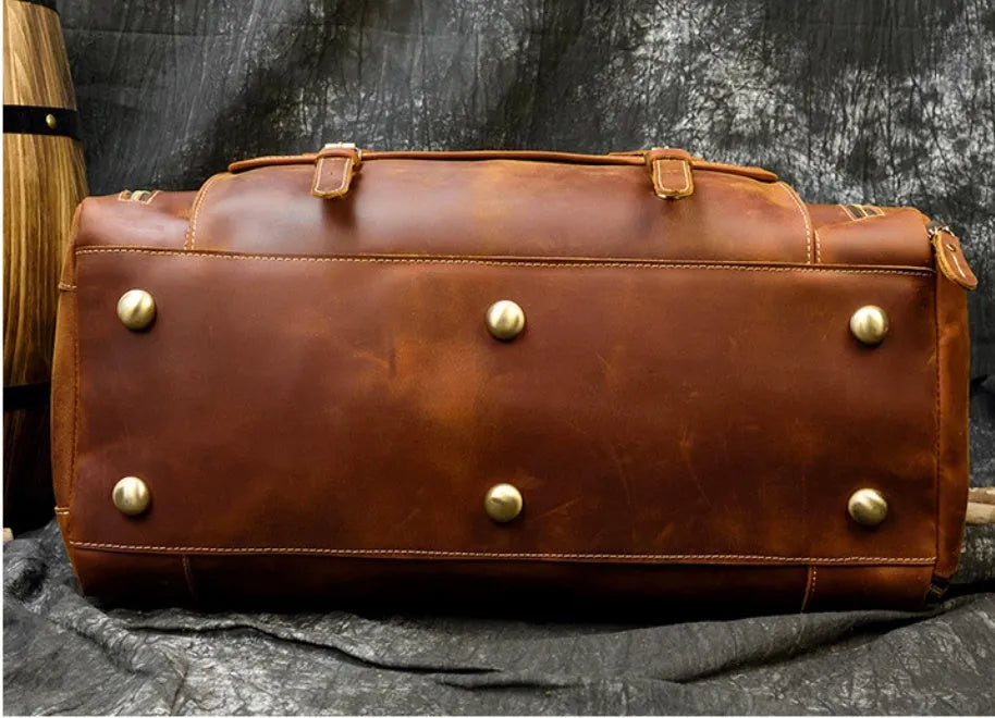 Retro crazy horse leather travel bag 22 inch 36-55L first layer cowhide in red brown or dark brown
