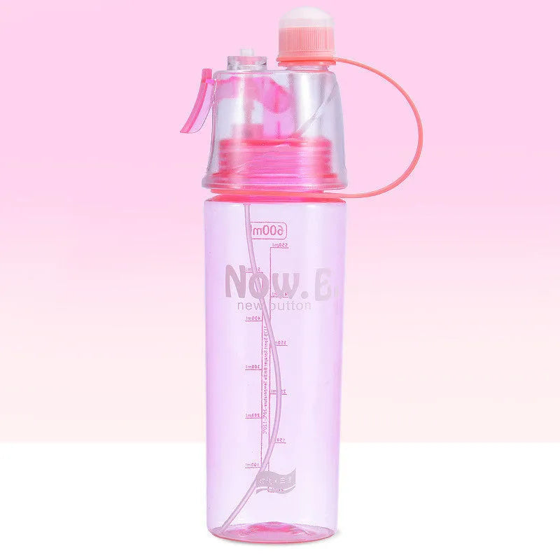 Portable sports mist spray water bottle with transparent body, handle, and mist spray function