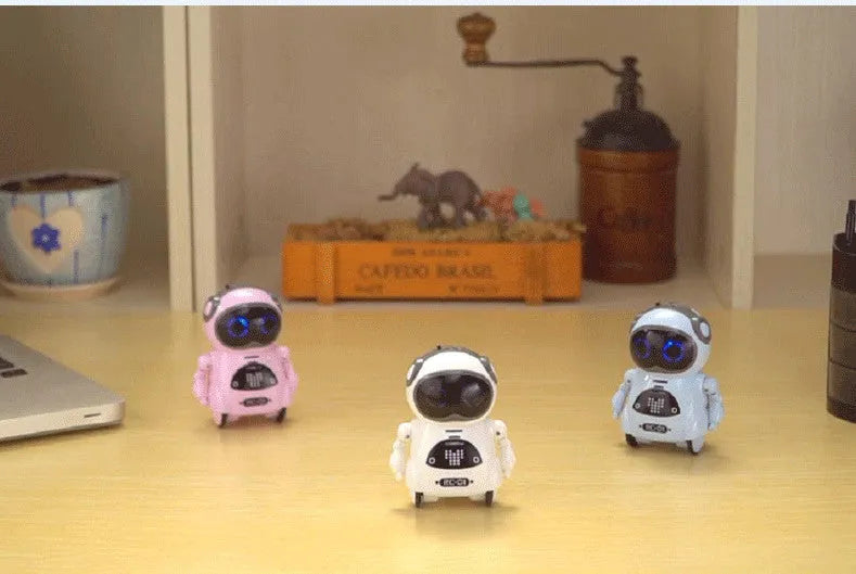 Mini pocket robot toy in blue, pink or white, 6.5 x 5 x 8.5 cm, with voice dialogue, singing, dancing and lighting