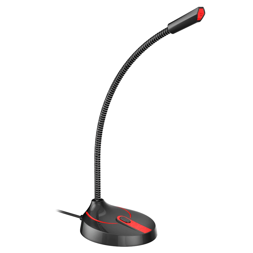 Desktop computer wired microphone with metal spring tube and push switch on a desk