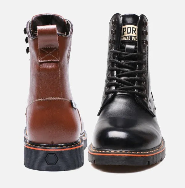 Men's black leather Martin boots with embossed cow split leather, mid-calf, front strap, thick heel, waterproof platform
