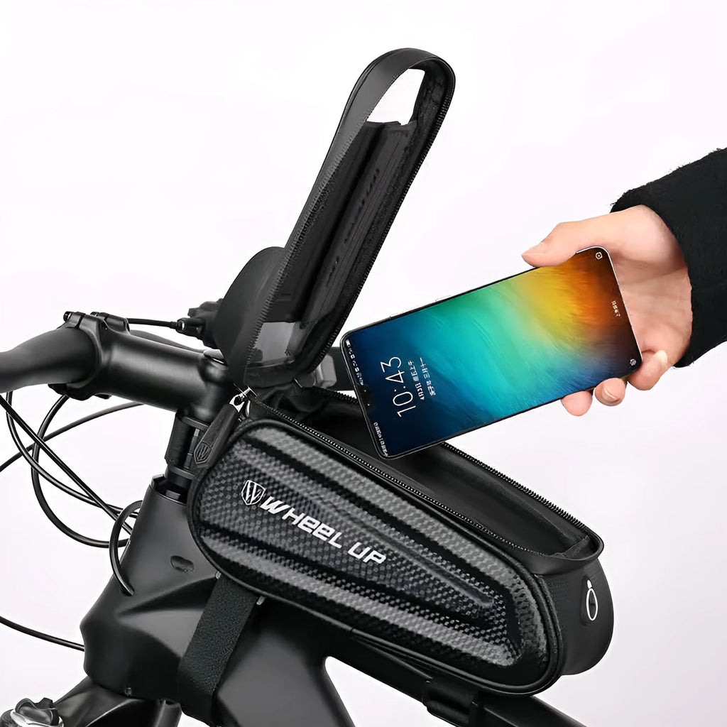 Black grey bicycle bag with reflective strips and Velcro straps for mountain bike mobile phone storage