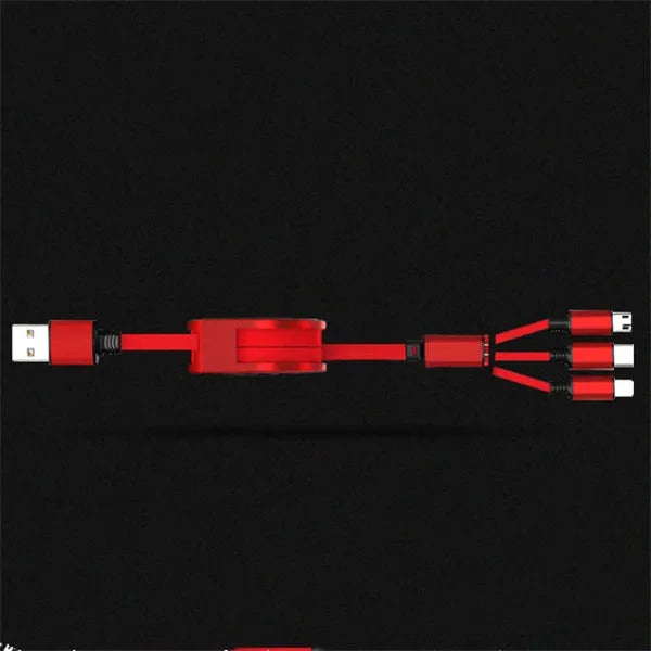Telescopic 3-in-1 charging cable extended to 120cm with micro-USB, Lightning, and USB-C connectors