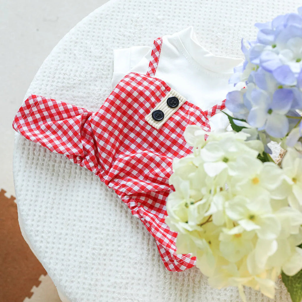 Fashion pet dog plaid overalls in black and white suspender style on a dog, polyester material