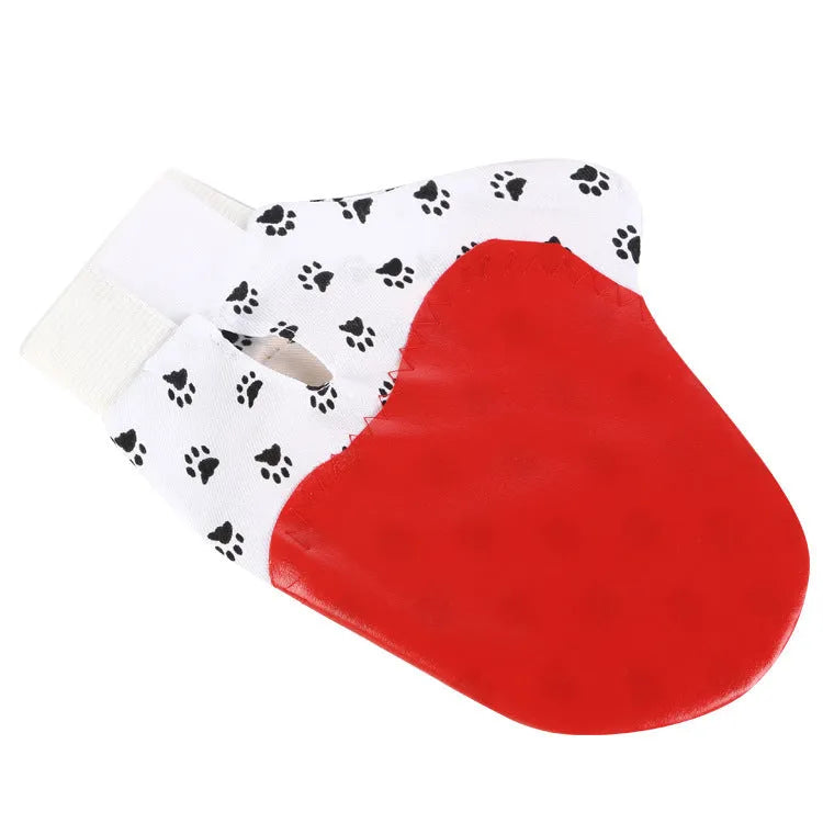 White silicone pet brush glove for deshedding and bathing cats and dogs 25x17cm