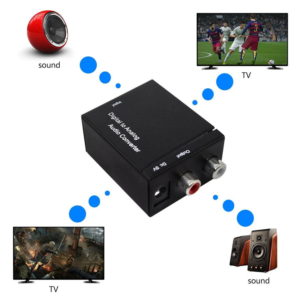 Black analog to digital audio converter with coaxial and optical inputs and RCA output for TV speaker