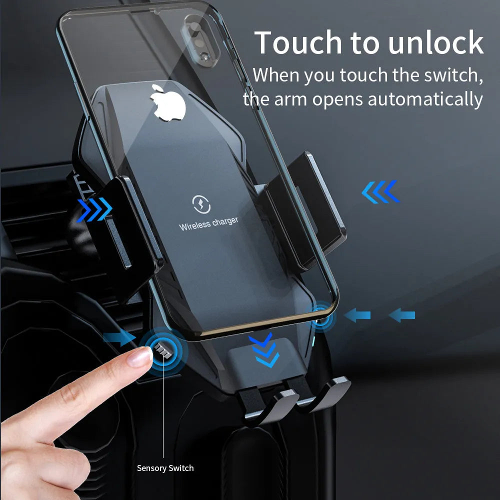 Auto-sensing wireless car charger with suction cup mount and charging indicator light