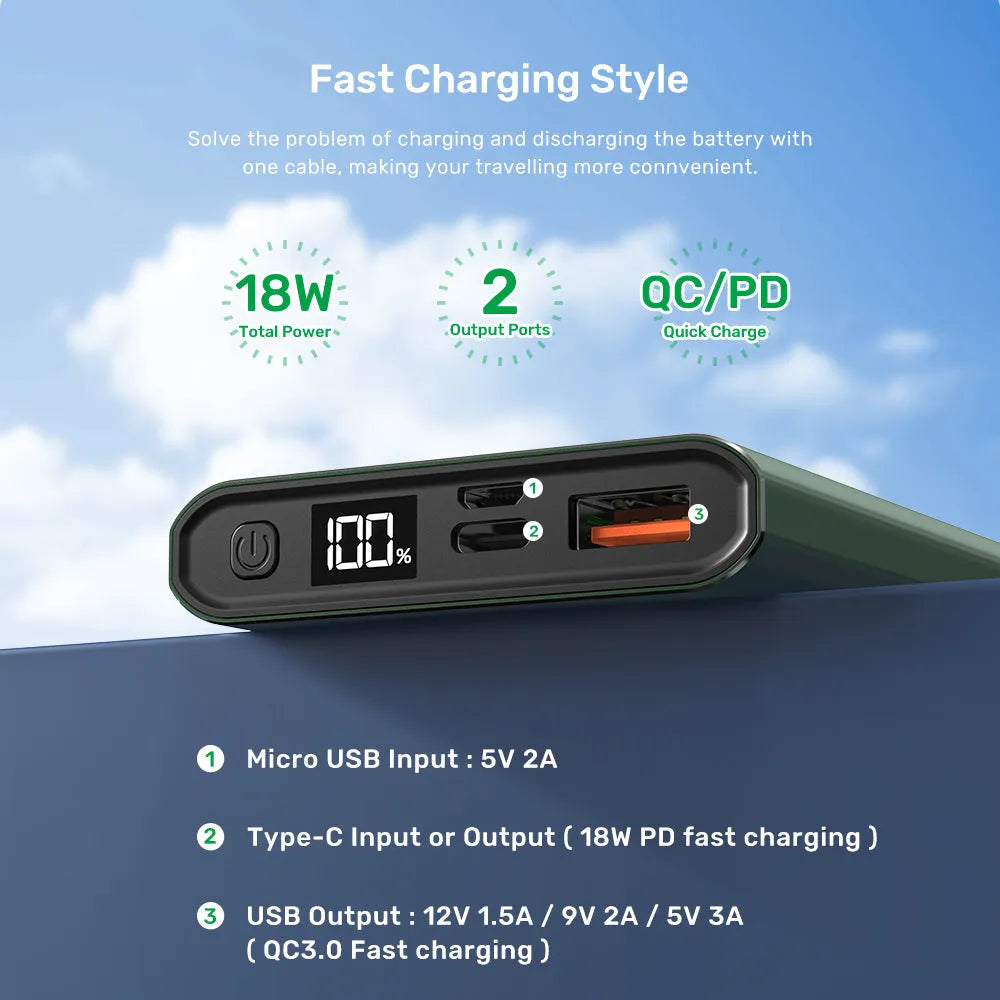10,000mAh full metal shell power bank with digital display in silver
