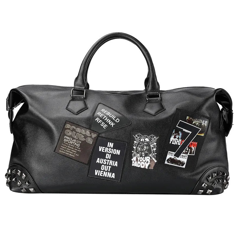 Black thick PU leather gym bag with adjustable shoulder strap fits 14-inch notebook
