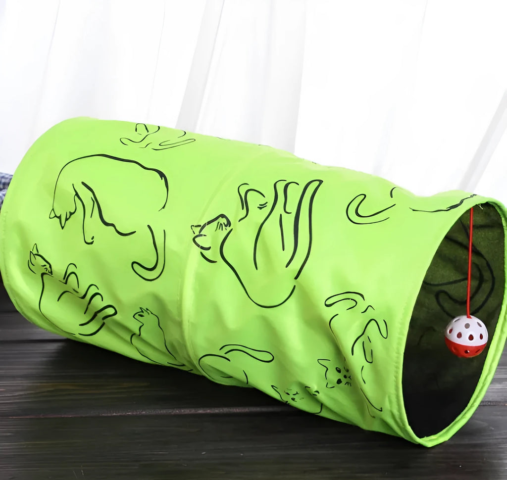 Foldable cat toy tunnel with printed design, 25 cm diameter and 51 cm length, for indoor cat play
