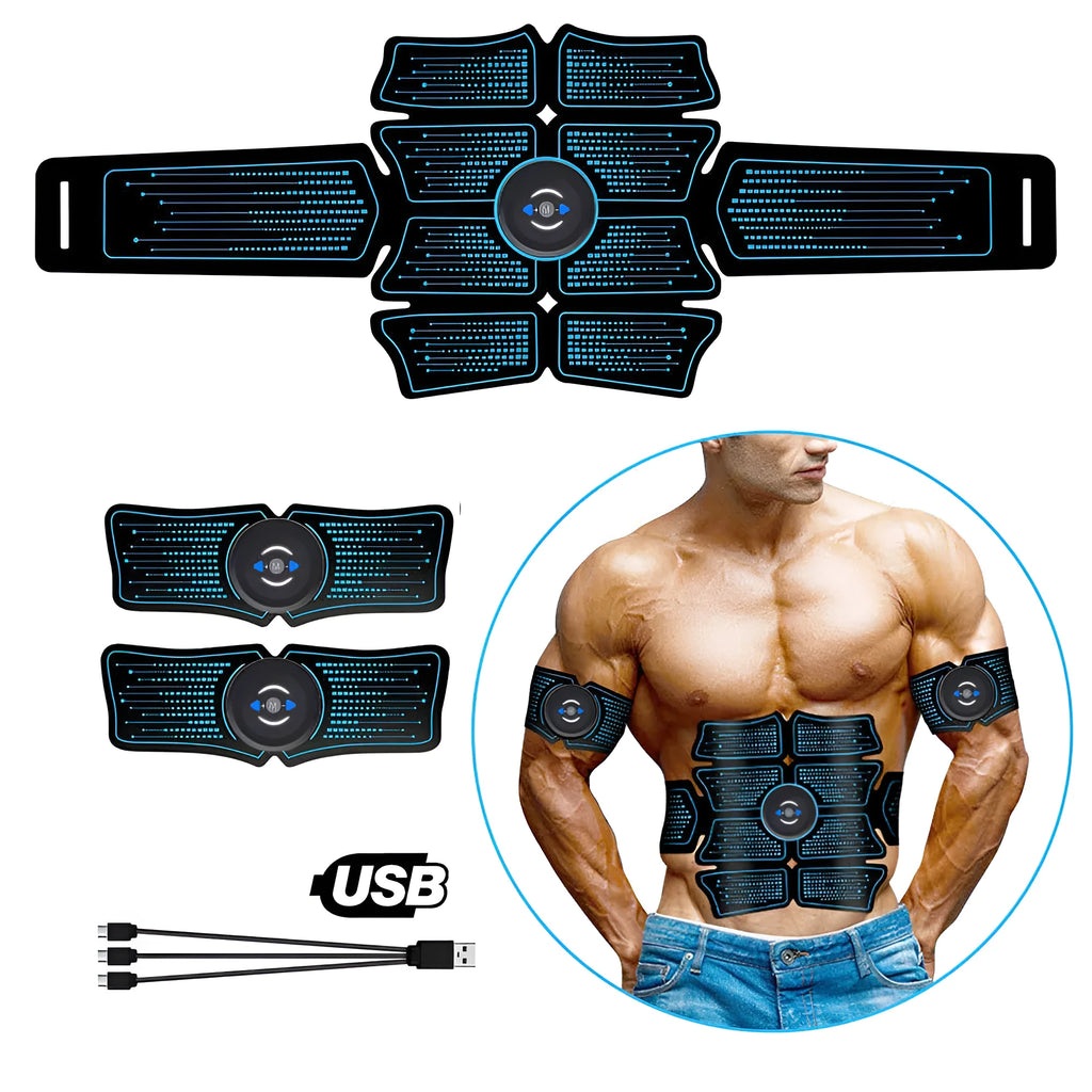EMS abdominal muscle stimulator belt with remote and two arm belts on a white background