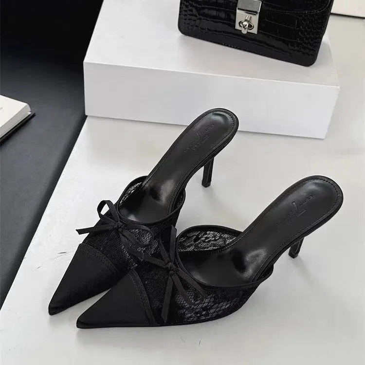 Women's lace and bowknot pointed toe high heels in mesh with microfiber lining
