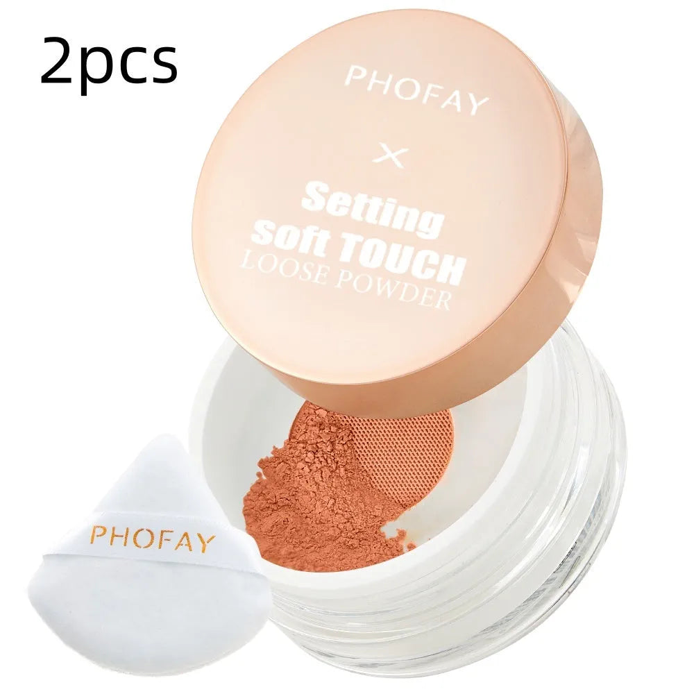 PHOFAY Setting Soft Touch Loose Powder 10g pot with net sifter and set point puff on white background