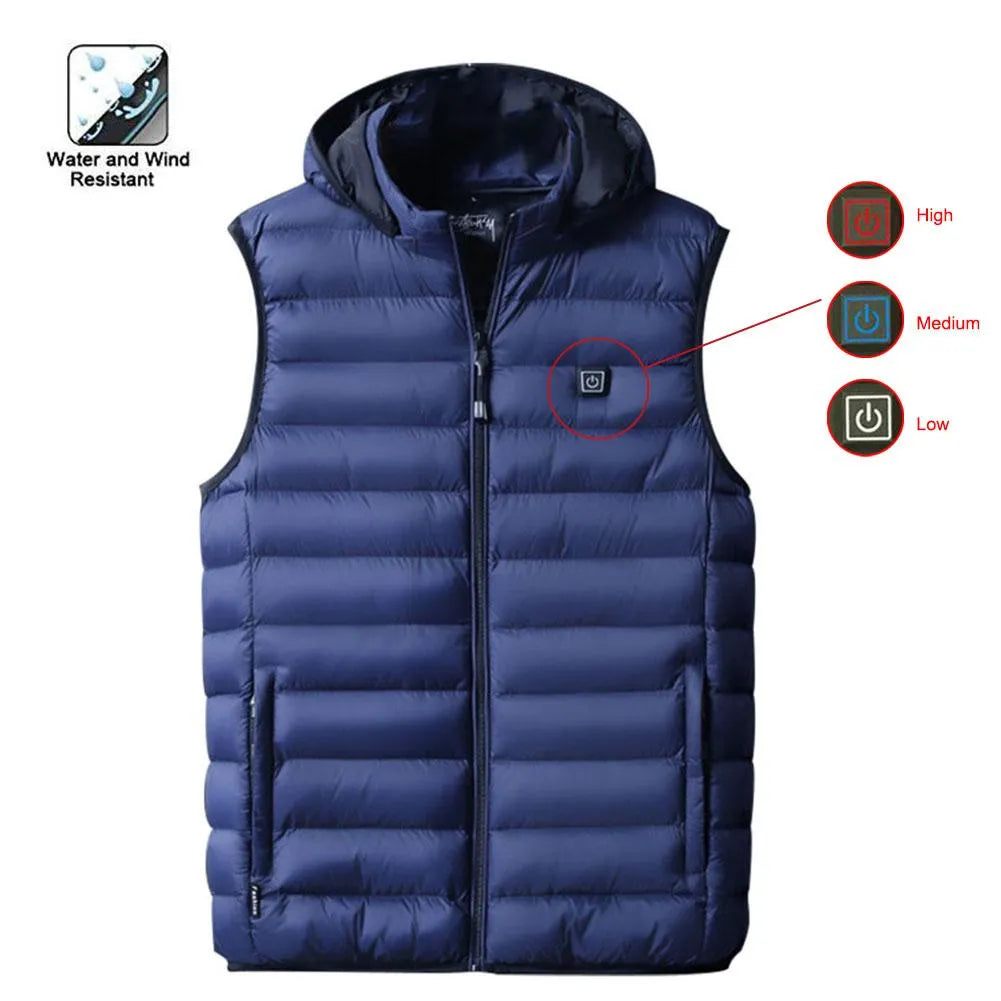 Heated cotton vest in black with USB electric heating panels for winter outdoor warmth