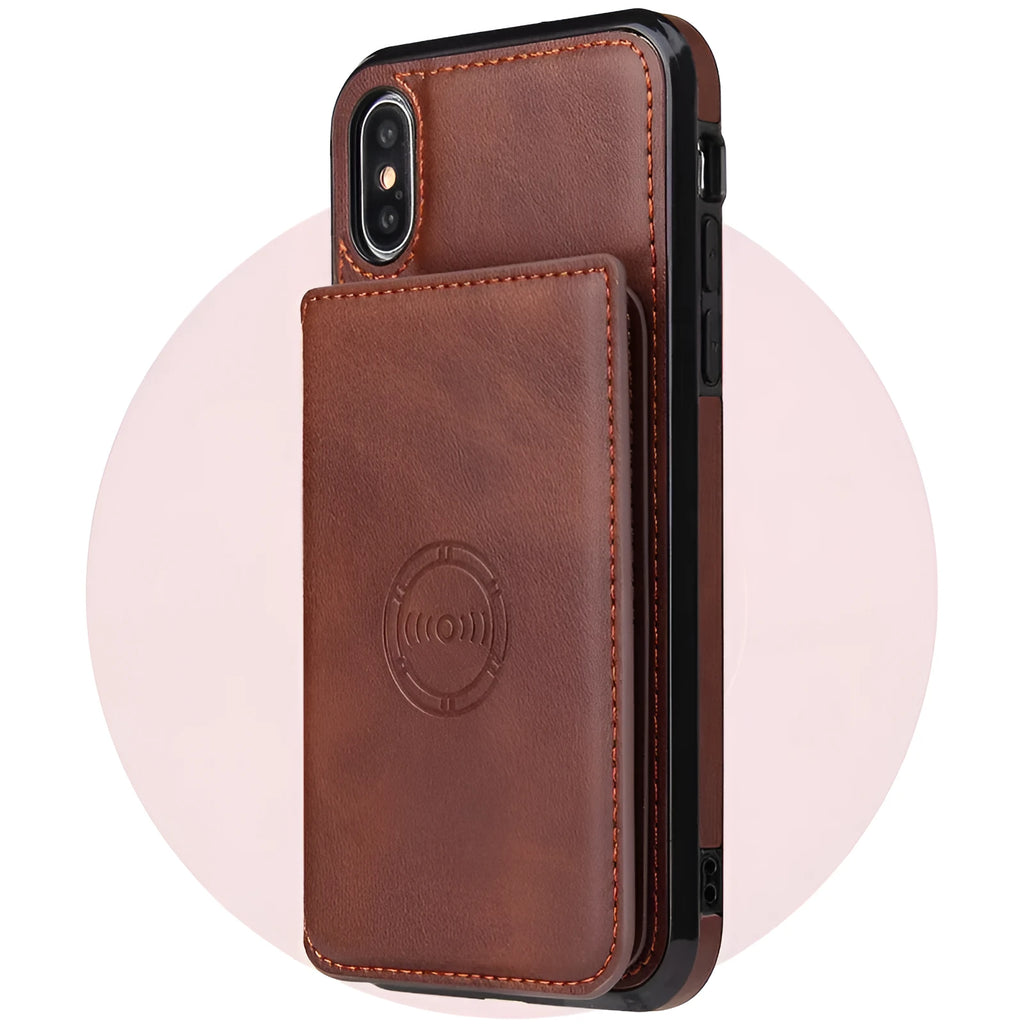 Imitation leather card wallet phone case for iPhone 11 in black, blue, brown, orange, pink, and red colours.