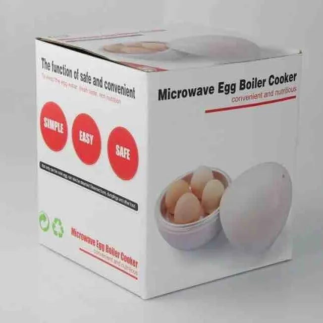 White microwave egg cooker steamer with capacity for four eggs, made from food grade plastic and aluminium.