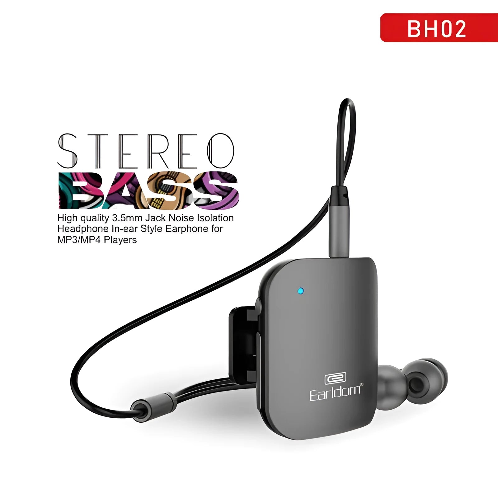 Bluetooth lavalier headset in black, grey, red, or white with 10-metre wireless range.