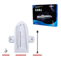 White PS5 charging base with fixed belt, cooling fan, and RGB ambient lighting