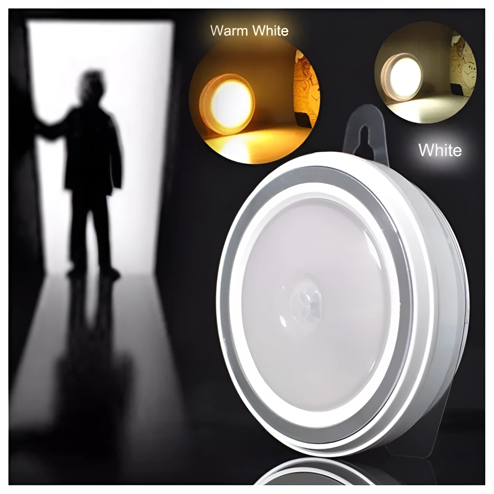Smart body motion sensor LED night light unit with 80mm diameter white housing