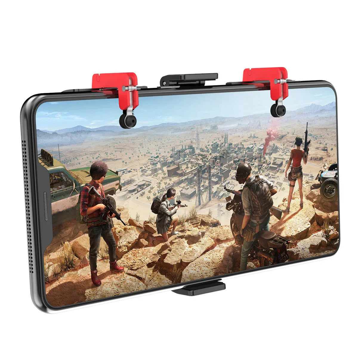 Black mobile phone game trigger stand with adjustable metal trigger and telescopic fixing clip