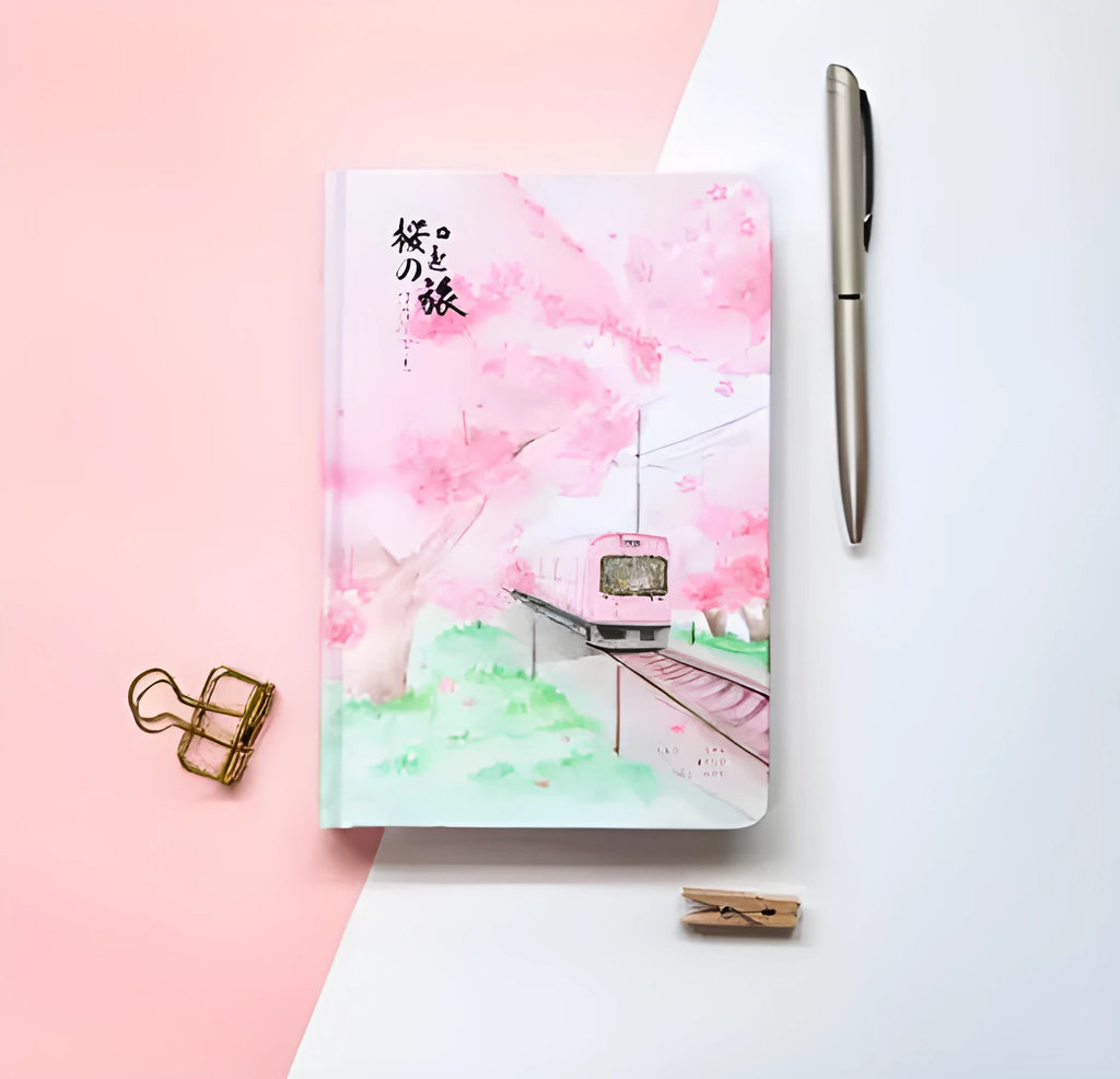 Muco hardcover notebook with Sakura Flower Orbit AR design on pink, green, red, or yellow paper cover