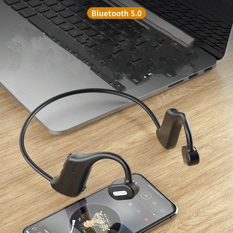 New DYY-5 in-ear wireless Bluetooth headset in black with hanging ear design and stereo earbuds