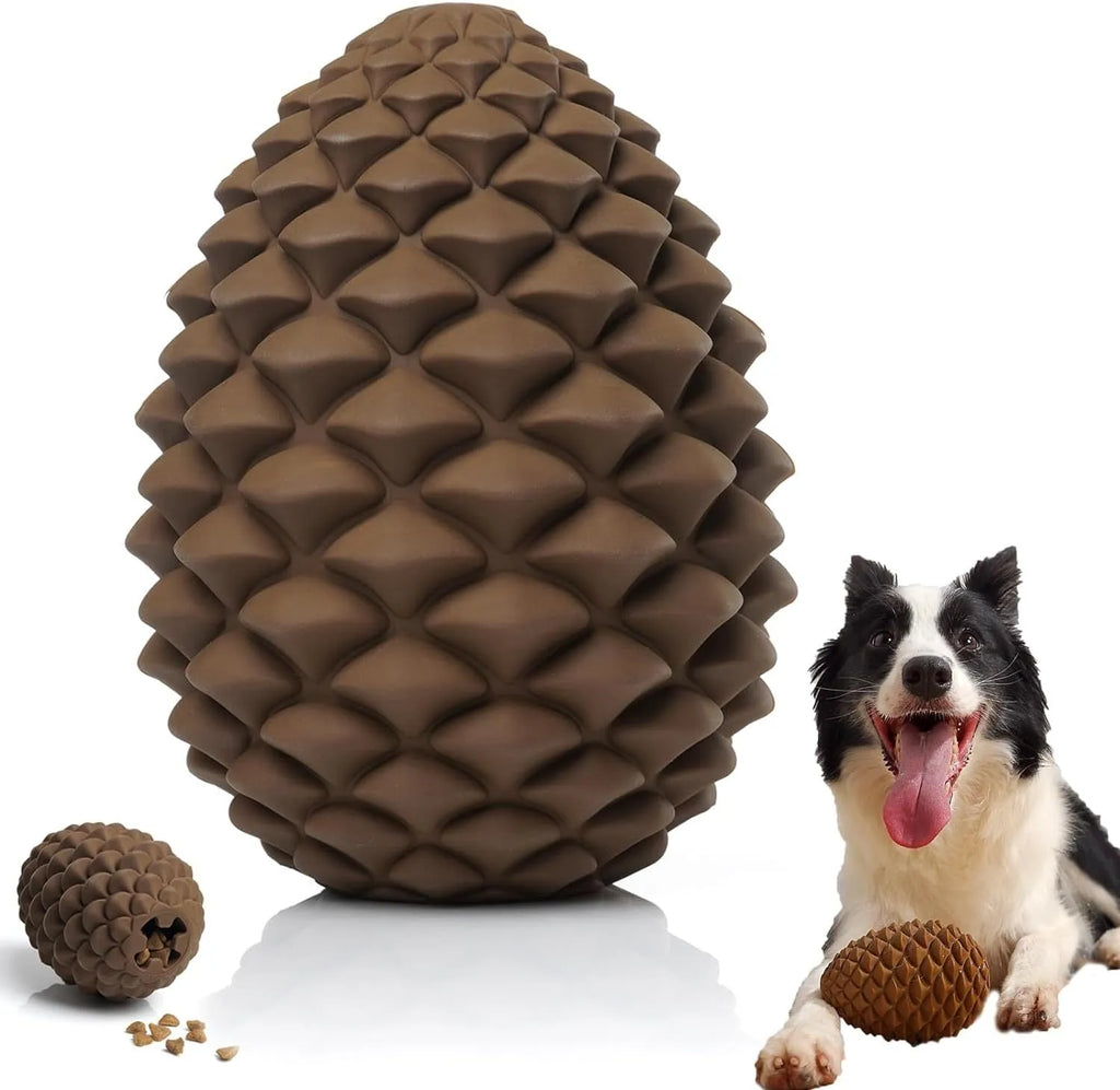 Yellow pine cone shaped heavy duty dog chew toy with treat dispenser for large breeds