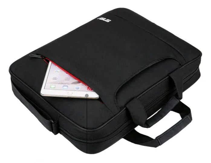 Black polyester diagonal shoulder laptop bag for 15 inch and 15.6 inch computers with multiple internal pockets