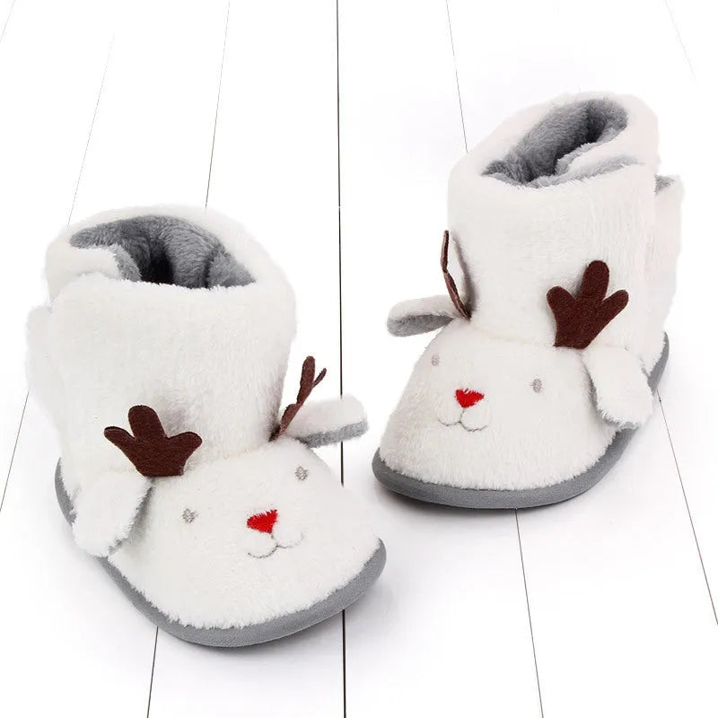 Plush cartoon baby boots in brown and white sizes 11cm 12cm 13cm for winter warmth