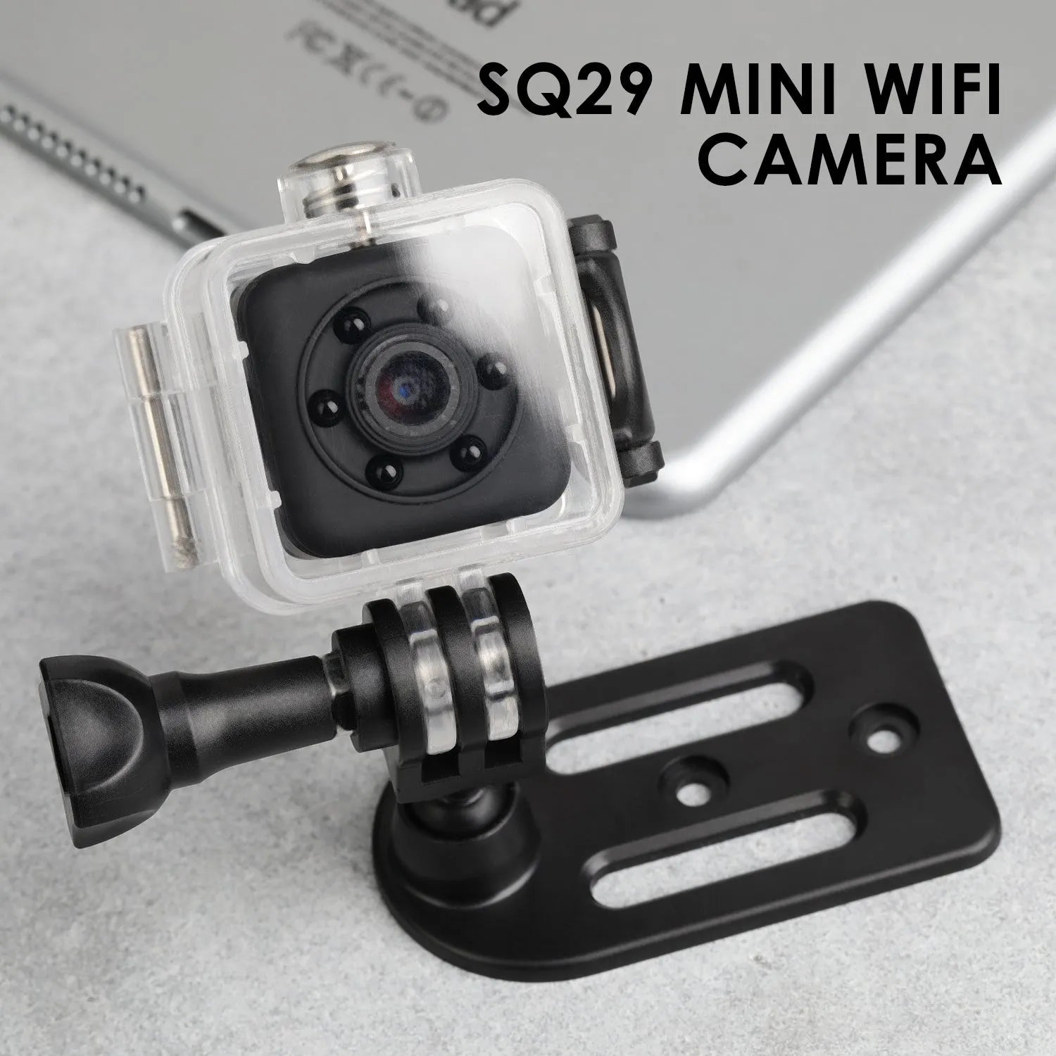 SQ29 black waterproof sports camera showing compact square design with MicroUSB port