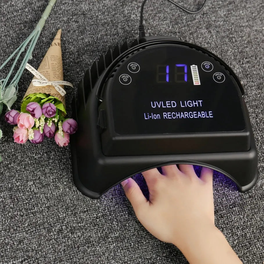 Rechargeable 64W LED nail lamp in black with dual light source and lithium battery