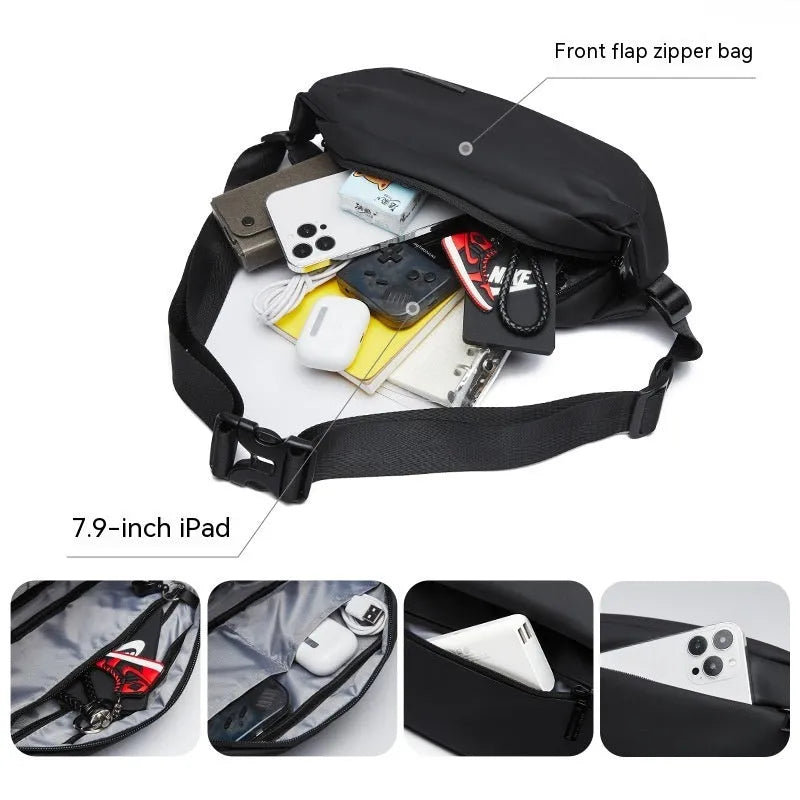 Black men's messenger bag made from Oxford cloth with a crossbody strap.