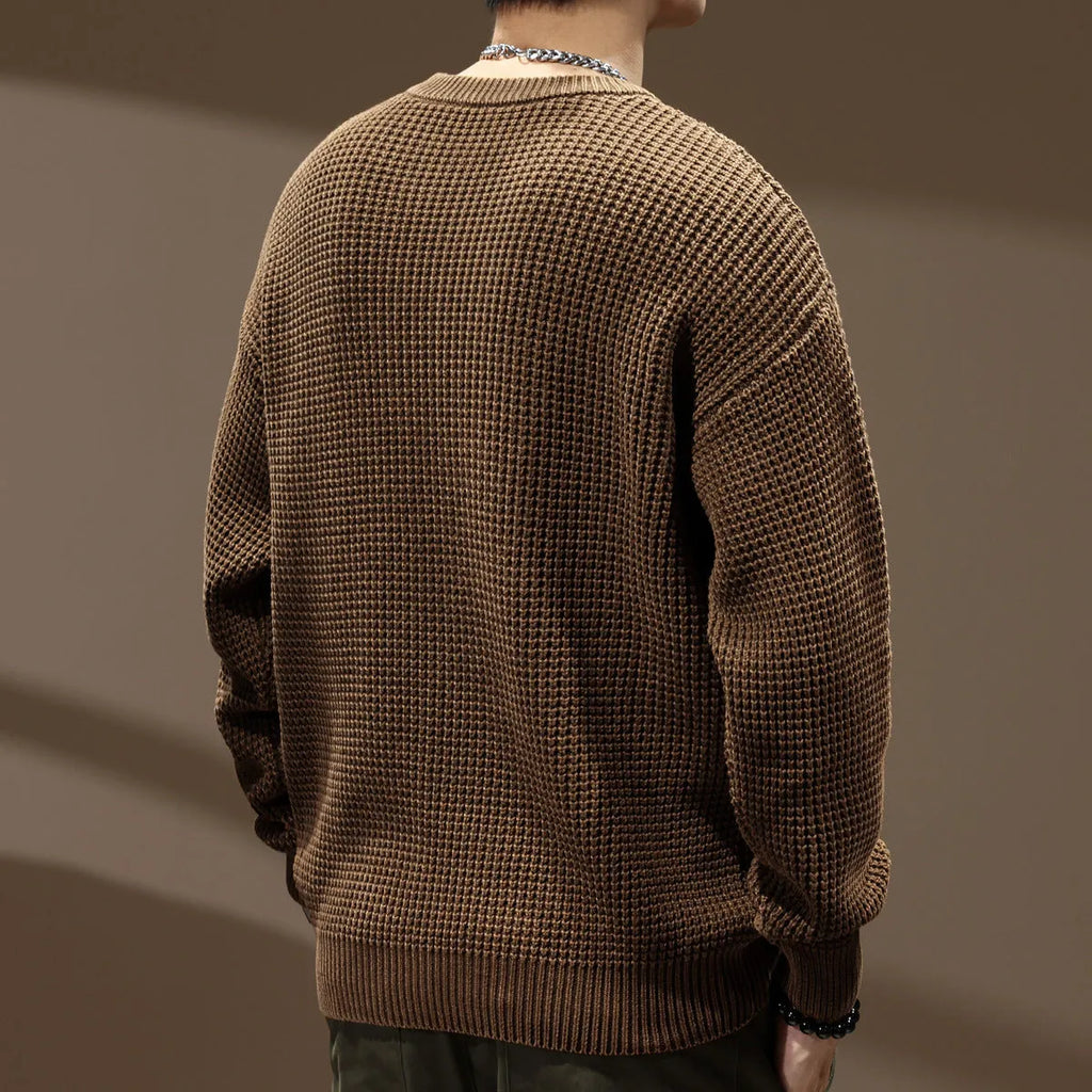 Men's loose fit cotton round neck sweater in dark coffee, thick needle retro knit, long sleeve pullover