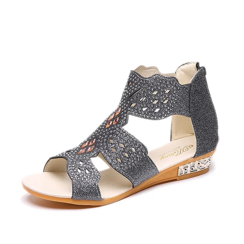 Women's open toe flat sandals with rhinestone hollow decoration and back zipper in beige colour