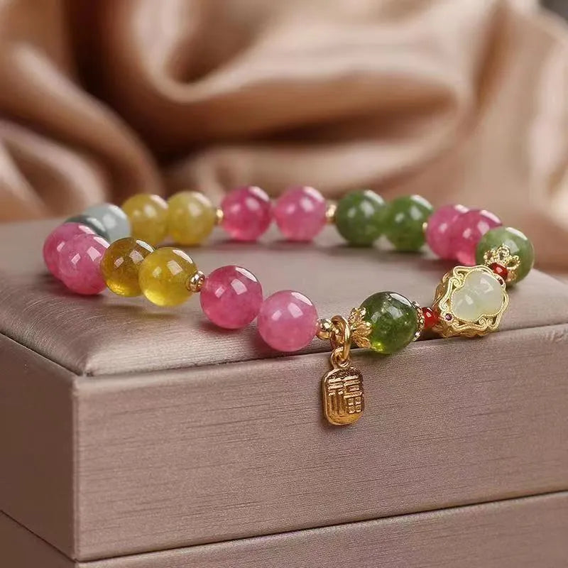 Colourful tourmaline gourd blessing card bracelet with flower shape and electroplated mixed materials