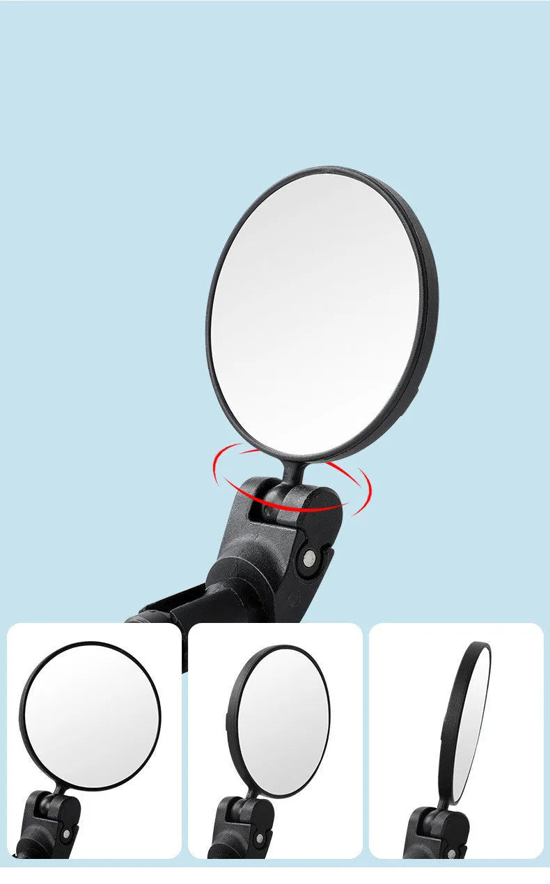 Black universal bicycle handlebar rearview mirror with convex acrylic lens and 360 degree adjustment