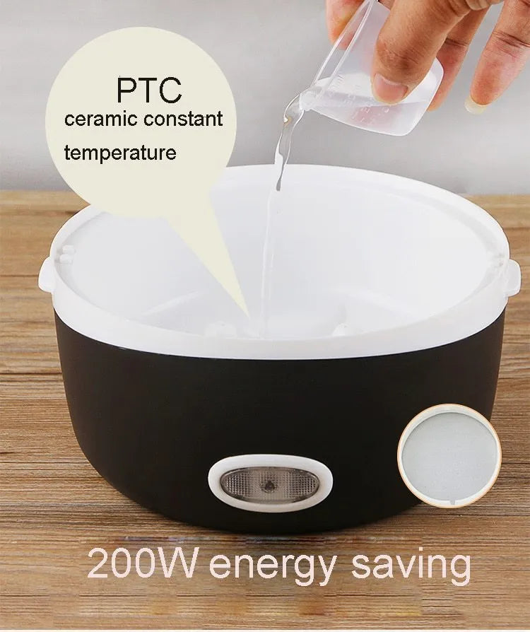 USB-powered lunch box with 200W heating capacity showing two-layer and three-layer configuration options