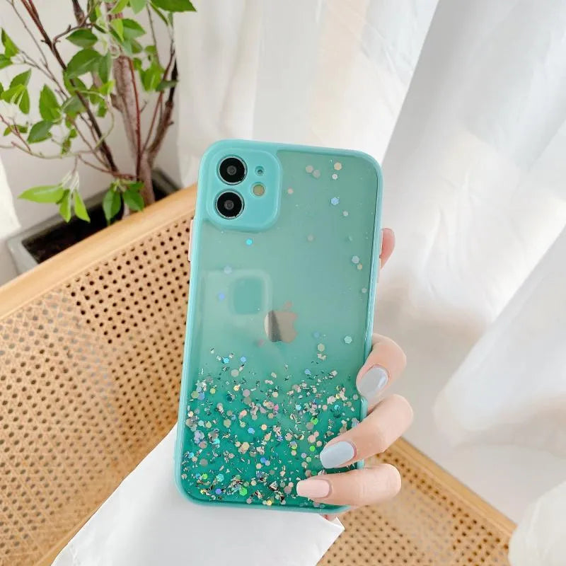 Silicone phone case with gradient epoxy glitter and frosted marble IMD finish for iPhone models