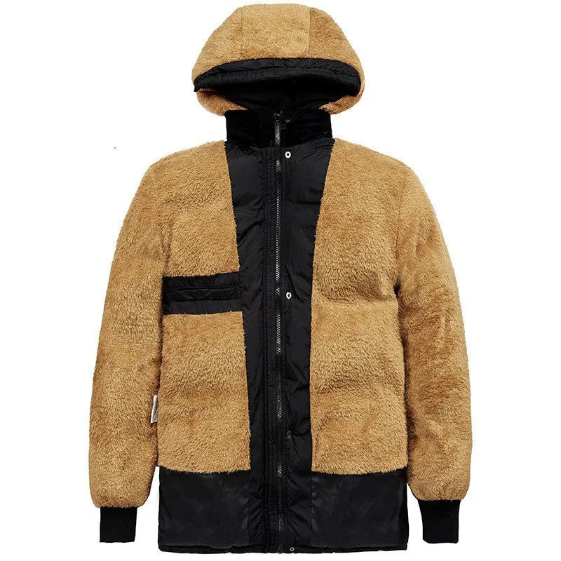 Men's black velvet padded hooded jacket with a double-breasted front on a hanger.