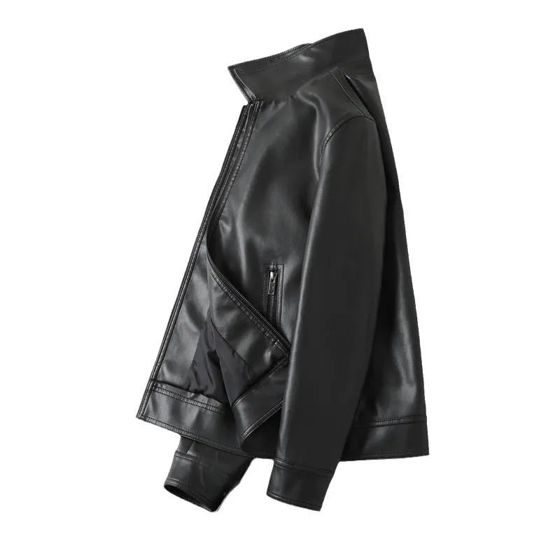 Men's black PU leather casual jacket with zip pockets and loose fit