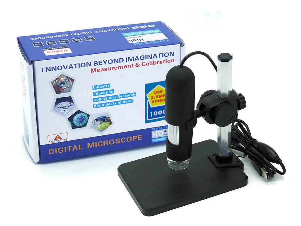 Black USB microscope camera with 8 LED lights, 1000X magnification, focus range 0-40mm