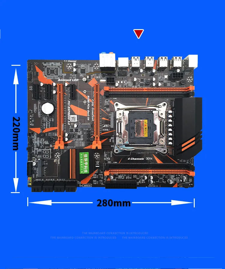 Black X99 chipset computer motherboard with LGA2011-3 socket, four DDR4 RAM slots, and two PCI-E x16 slots.